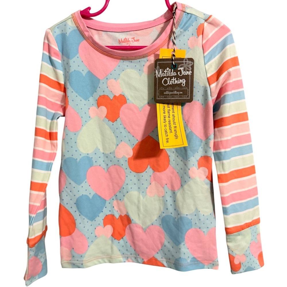 Matilda Jane Pajama Top Girls Size 4 Multicolor Heart Stripe Long Sleeve NWT